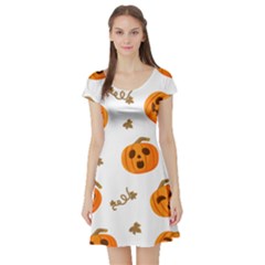 Funny Spooky Halloween Pumpkins Pattern White Orange Short Sleeve Skater Dress by HalloweenParty