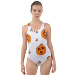 Funny Spooky Halloween Pumpkins Pattern White Orange Cut-out Back One Piece Swimsuit by HalloweenParty
