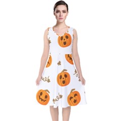 Funny Spooky Halloween Pumpkins Pattern White Orange V-neck Midi Sleeveless Dress 