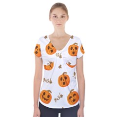 Funny Spooky Halloween Pumpkins Pattern White Orange Short Sleeve Front Detail Top by HalloweenParty