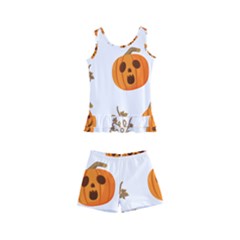 Funny Spooky Halloween Pumpkins Pattern White Orange Kid s Boyleg Swimsuit by HalloweenParty