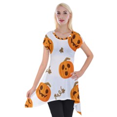 Funny Spooky Halloween Pumpkins Pattern White Orange Short Sleeve Side Drop Tunic by HalloweenParty