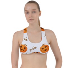 Funny Spooky Halloween Pumpkins Pattern White Orange Criss Cross Racerback Sports Bra by HalloweenParty
