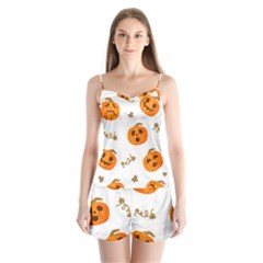 Funny Spooky Halloween Pumpkins Pattern White Orange Satin Pajamas Set by HalloweenParty