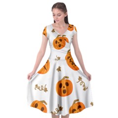 Funny Spooky Halloween Pumpkins Pattern White Orange Cap Sleeve Wrap Front Dress