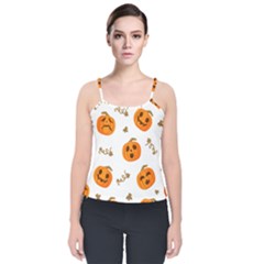 Funny Spooky Halloween Pumpkins Pattern White Orange Velvet Spaghetti Strap Top by HalloweenParty