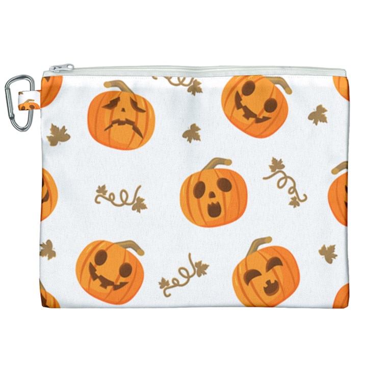 Funny Spooky Halloween Pumpkins Pattern White Orange Canvas Cosmetic Bag (XXL)