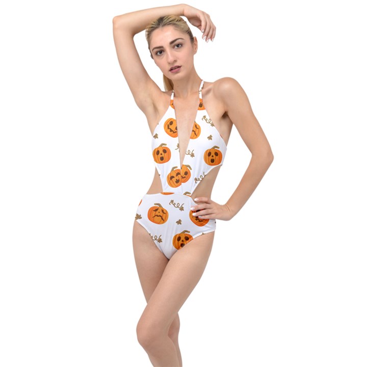 Funny Spooky Halloween Pumpkins Pattern White Orange Plunging Cut Out Swimsuit