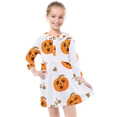 Funny Spooky Halloween Pumpkins Pattern White Orange Kids  Quarter Sleeve Shirt Dress by HalloweenParty