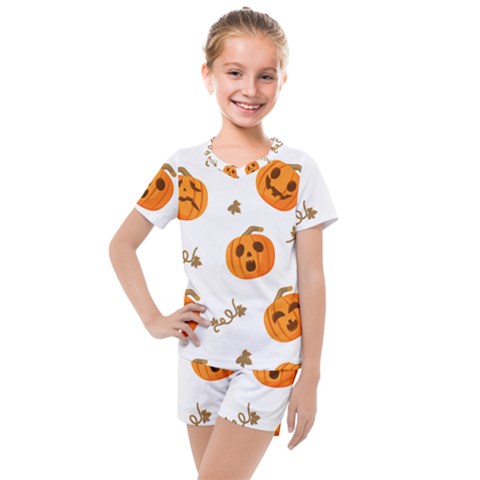 Funny Spooky Halloween Pumpkins Pattern White Orange Kids  Mesh Tee And Shorts Set by HalloweenParty