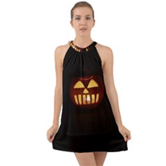 Funny Spooky Scary Halloween Pumpkin Jack O Lantern Halter Tie Back Chiffon Dress by HalloweenParty
