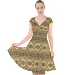 Golden Ornate Pattern Cap Sleeve Front Wrap Midi Dress by dflcprintsclothing