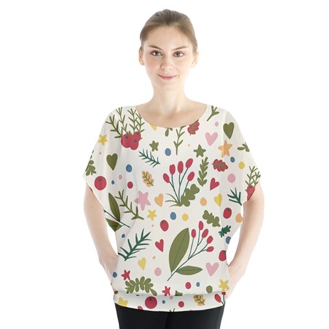 Floral Christmas Pattern  Batwing Chiffon Blouse by Valentinaart