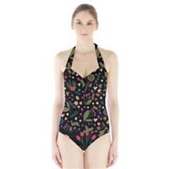 Floral Christmas Pattern  Halter Swimsuit by Valentinaart