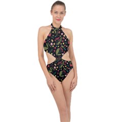 Floral Christmas Pattern  Halter Side Cut Swimsuit by Valentinaart