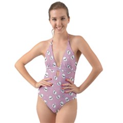 Cute Kawaii Ghost Pattern Halter Cut-out One Piece Swimsuit