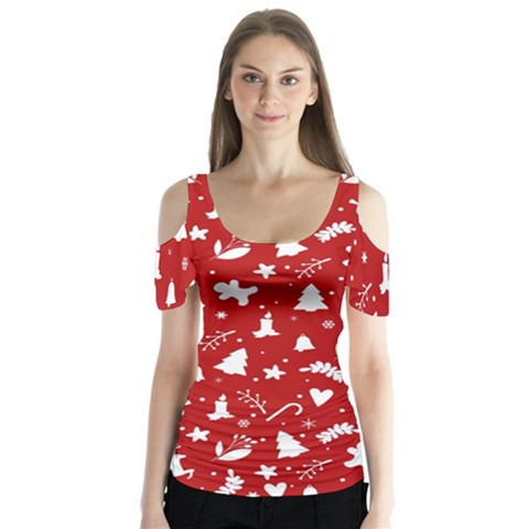 Christmas Pattern Butterfly Sleeve Cutout Tee  by Valentinaart