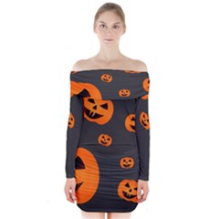 Halloween Pumpkin Autumn Fall Long Sleeve Off Shoulder Dress by Sapixe