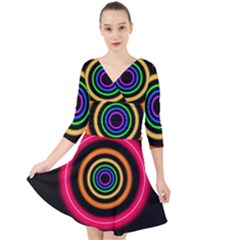 Neon Light Abstract Pattern Lines Quarter Sleeve Front Wrap Dress