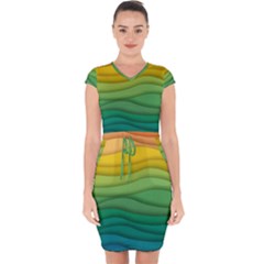 Background Waves Wave Texture Capsleeve Drawstring Dress 