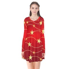 Stars Background Christmas Decoration Long Sleeve V-neck Flare Dress by Sapixe