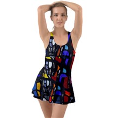 Art Bright Lead Glass Pattern Ruffle Top Dress Swimsuit