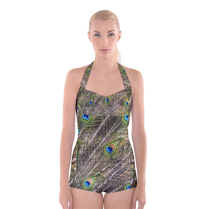 Peacock Feathers Color Plumage Green Boyleg Halter Swimsuit 