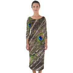 Peacock Feathers Color Plumage Green Quarter Sleeve Midi Bodycon Dress by Sapixe