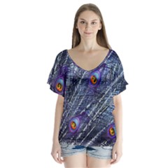 Peacock Feathers Color Plumage Blue V-neck Flutter Sleeve Top by Sapixe