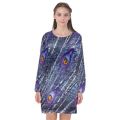 Peacock Feathers Color Plumage Blue Long Sleeve Chiffon Shift Dress 