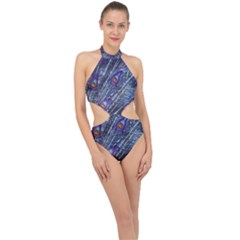 Peacock Feathers Color Plumage Blue Halter Side Cut Swimsuit by Sapixe