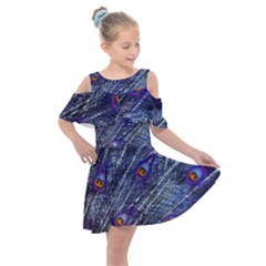 Peacock Feathers Color Plumage Blue Kids  Shoulder Cutout Chiffon Dress