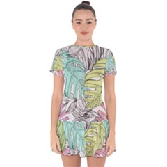 Leaves Tropical Nature Plant Drop Hem Mini Chiffon Dress