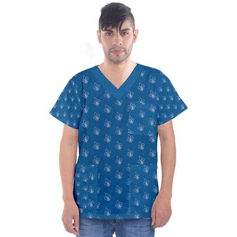 Quebec French Royal Fleur De Lys Elegant Pattern Blue Blue Quebec Fleur De Lys Pattern Blue Men s V-neck Scrub Top by Quebec