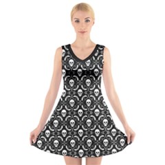 Pattern Skull And Bats Vintage Halloween Black V-neck Sleeveless Dress