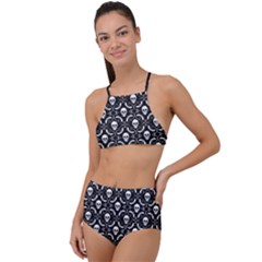 Pattern Skull and Bats Vintage Halloween Black High Waist Tankini Set