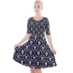 Pattern Skull and Bats Vintage Halloween Black Quarter Sleeve A-Line Dress