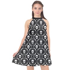 Pattern Skull and Bats Vintage Halloween Black Halter Neckline Chiffon Dress 