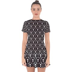 Pattern Skull and Bats Vintage Halloween Black Drop Hem Mini Chiffon Dress