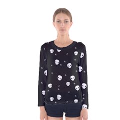 Pattern Skull Stars Halloween Gothic on black background Women s Long Sleeve Tee