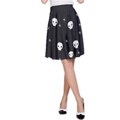 Pattern Skull Stars Halloween Gothic on black background A-Line Skirt
