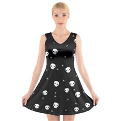 Pattern Skull Stars Halloween Gothic on black background V-Neck Sleeveless Dress