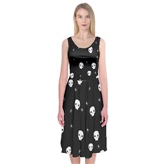 Pattern Skull Stars Halloween Gothic on black background Midi Sleeveless Dress