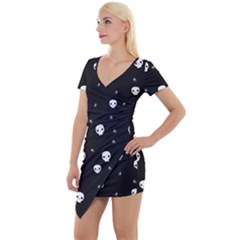 Pattern Skull Stars Halloween Gothic on black background Short Sleeve Asymmetric Mini Dress