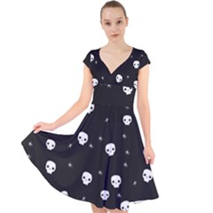 Pattern Skull Stars Halloween Gothic on black background Cap Sleeve Front Wrap Midi Dress