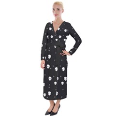 Pattern Skull Stars Halloween Gothic on black background Velvet Maxi Wrap Dress