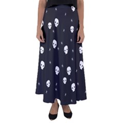Pattern Skull Stars Halloween Gothic on black background Flared Maxi Skirt