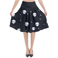 Pattern Skull Stars Halloween Gothic On Black Background Flared Midi Skirt by genx