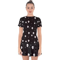 Pattern Skull Stars Halloween Gothic on black background Drop Hem Mini Chiffon Dress