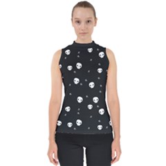 Pattern Skull Stars Halloween Gothic on black background Mock Neck Shell Top